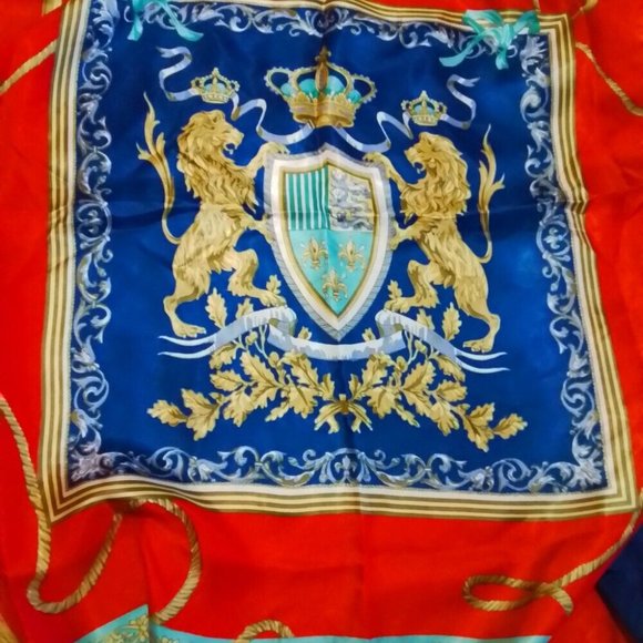 Italy 100% Silk Square Scarf Crest With Lions And Flordelie Venice Sc2 - Picture 9 of 11